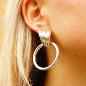 Vintage Modernist Italian Sterling Silver Winged Hoop Earrings, Scalloped Silver Studs With Hollow Tube Hoops, Italy 925 Earrings, 2 1/4 L