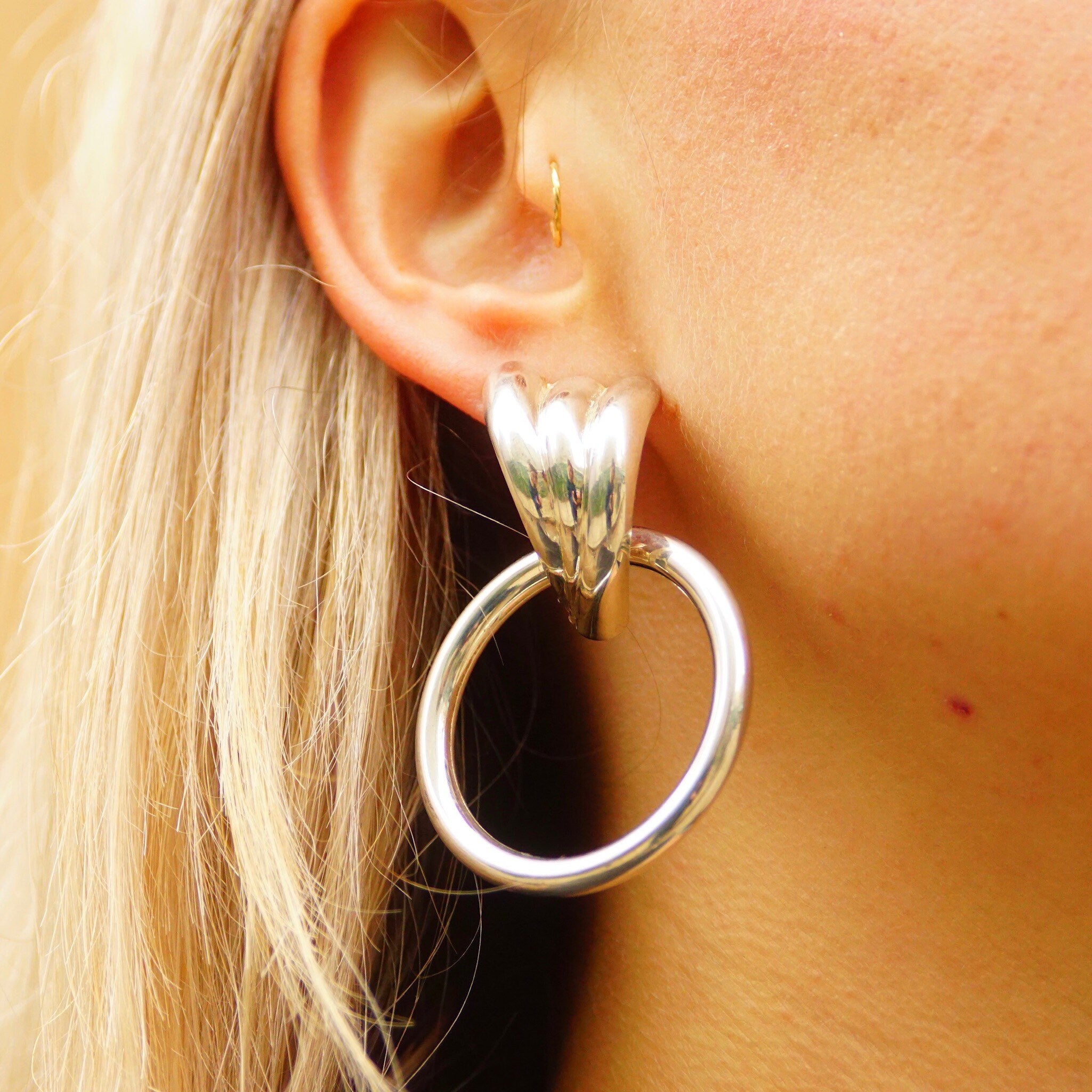 Vintage Modernist Italian Sterling Silver Winged Hoop Earrings, Scalloped Silver Studs With Hollow Tube Hoops, Italy 925 Earrings, 2 1/4 L