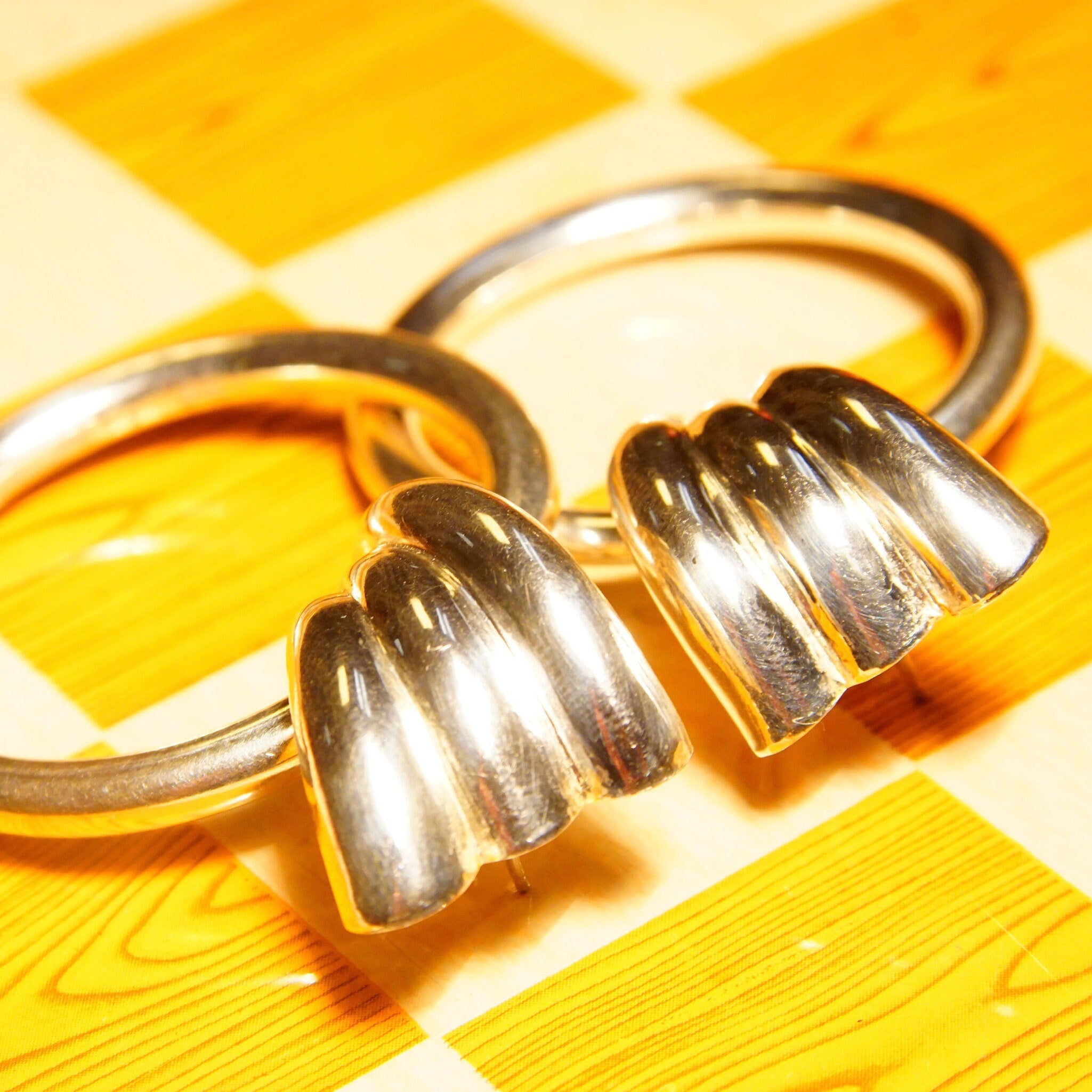 Vintage Modernist Italian Sterling Silver Winged Hoop Earrings, Scalloped Silver Studs With Hollow Tube Hoops, Italy 925 Earrings, 2 1/4 L