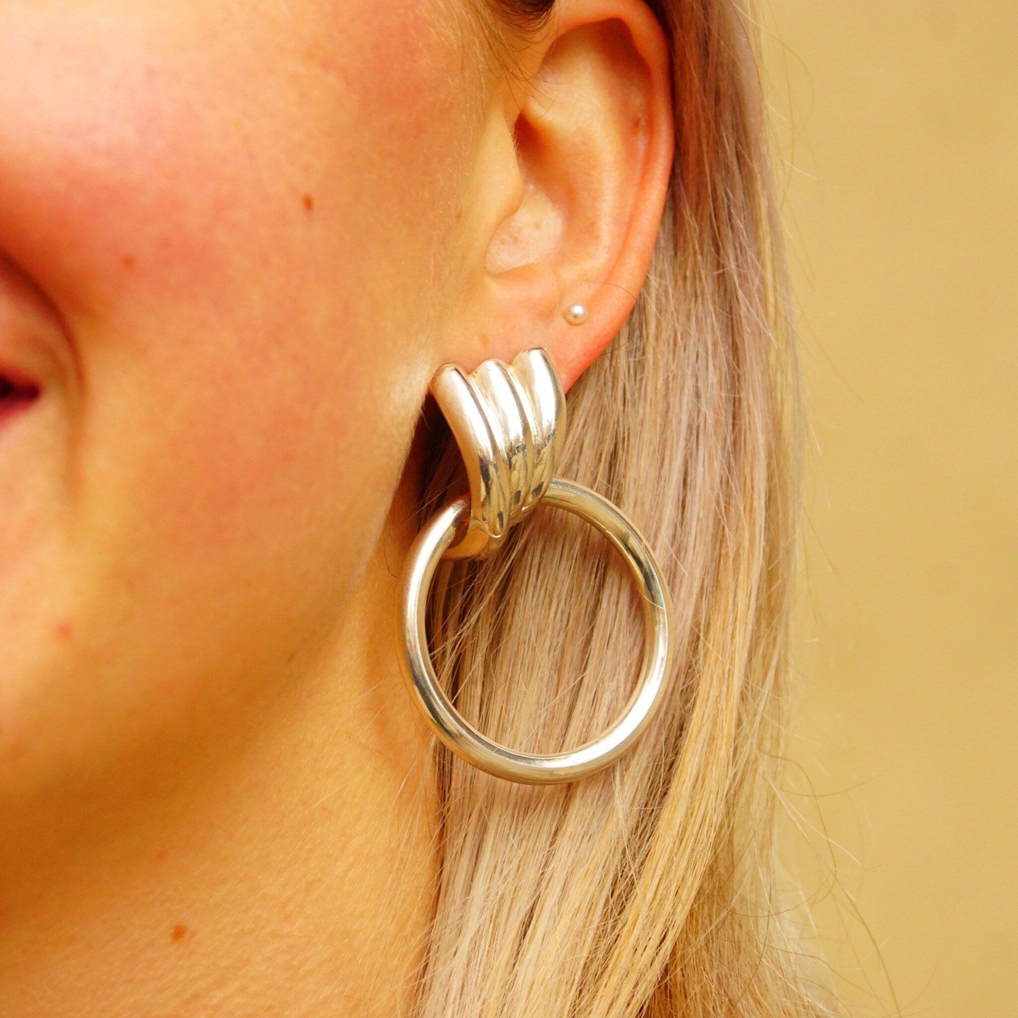 Vintage Modernist Italian Sterling Silver Winged Hoop Earrings, Scalloped Silver Studs With Hollow Tube Hoops, Italy 925 Earrings, 2 1/4 L