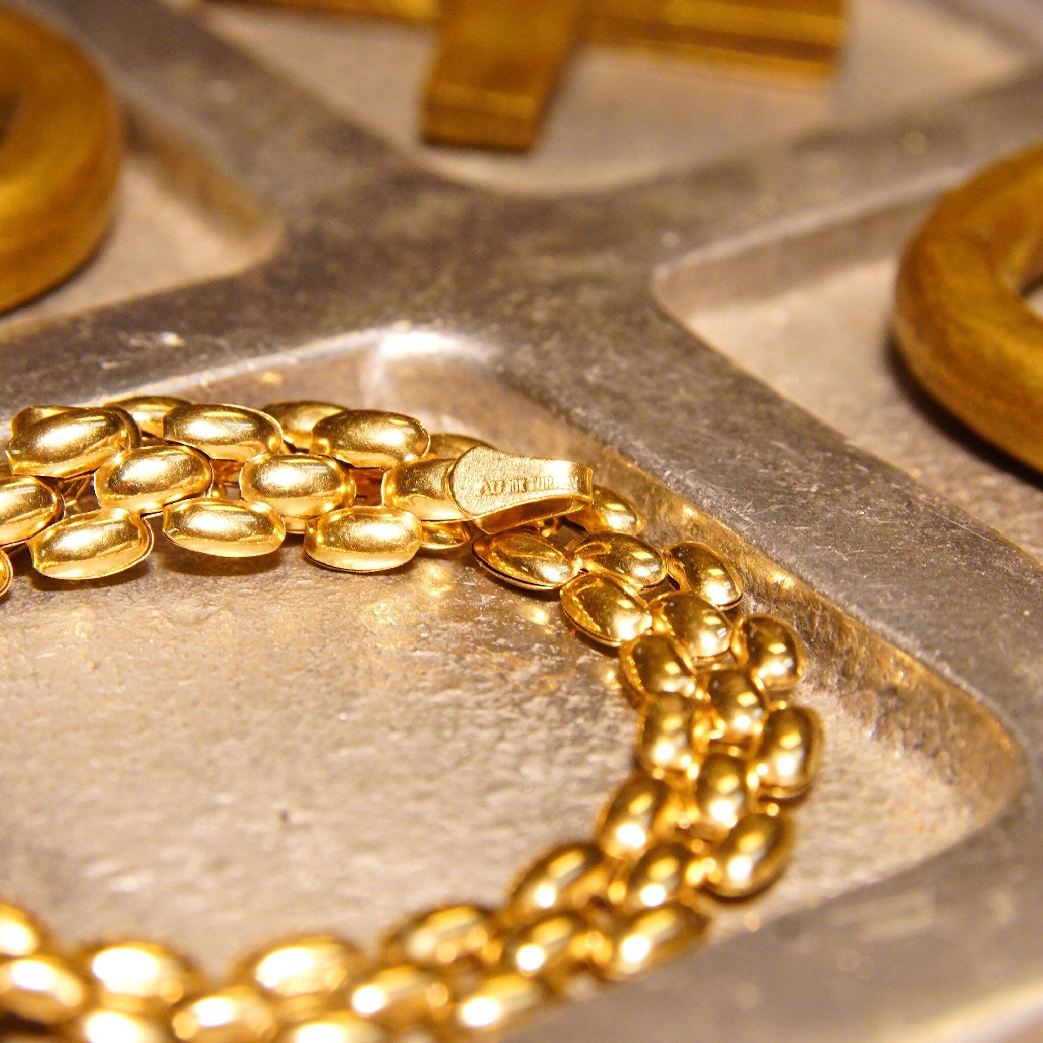 Vintage 10K Gold Panther Link Chain, 8mm Multi-Row Chain, Puffed Yellow Gold Links, Sophisticated Gold Bracelet, 7 1/2 L