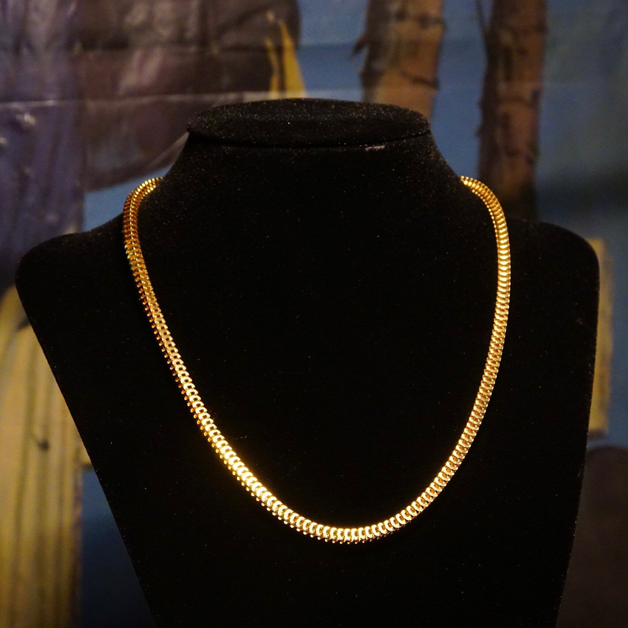 Vintage Italian Modernist 14K Gold Square Snake Link Chain Necklace, 4mm Articulated Gold Chain, Chunky Gold Chain, 585, Unisex, 19 L