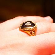 Antique 10K Gold Heart Diamond Black Onyx Inlay Ring, Size 6 3/4 US