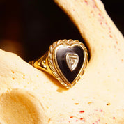 Antique 10K Gold Heart Diamond Black Onyx Inlay Ring, Size 6 3/4 US