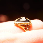 Antique 10K Gold Heart Diamond Black Onyx Inlay Ring, Size 6 3/4 US