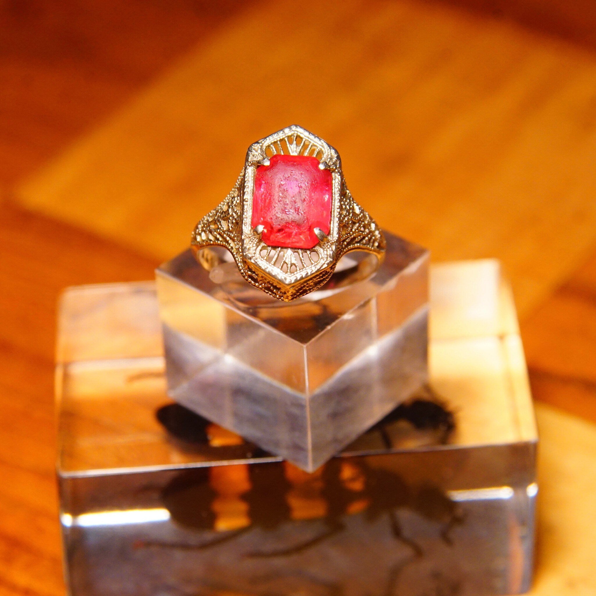 Antique Edwardian 10K White Gold Filigree Pink Gemstone Ring,Hallmarked A&S 10K, Emerald Cut Stone, Worn Condition, Size 5 1/2 US