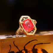 Antique Edwardian 10K White Gold Filigree Pink Gemstone Ring,Hallmarked A&S 10K, Emerald Cut Stone, Worn Condition, Size 5 1/2 US