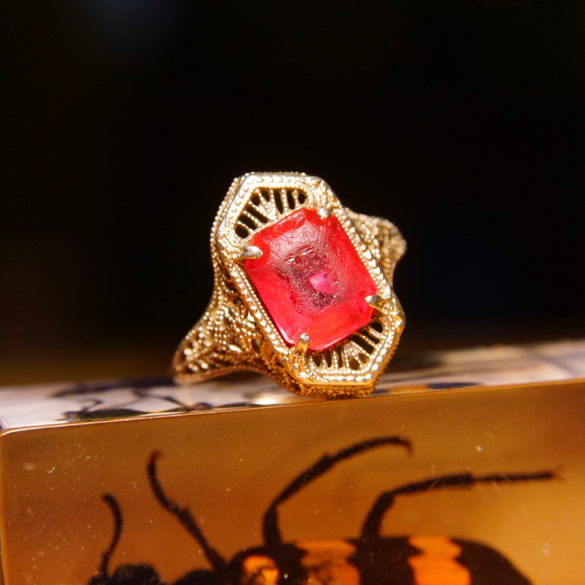 Antique Edwardian 10K White Gold Filigree Pink Gemstone Ring,Hallmarked A&S 10K, Emerald Cut Stone, Worn Condition, Size 5 1/2 US