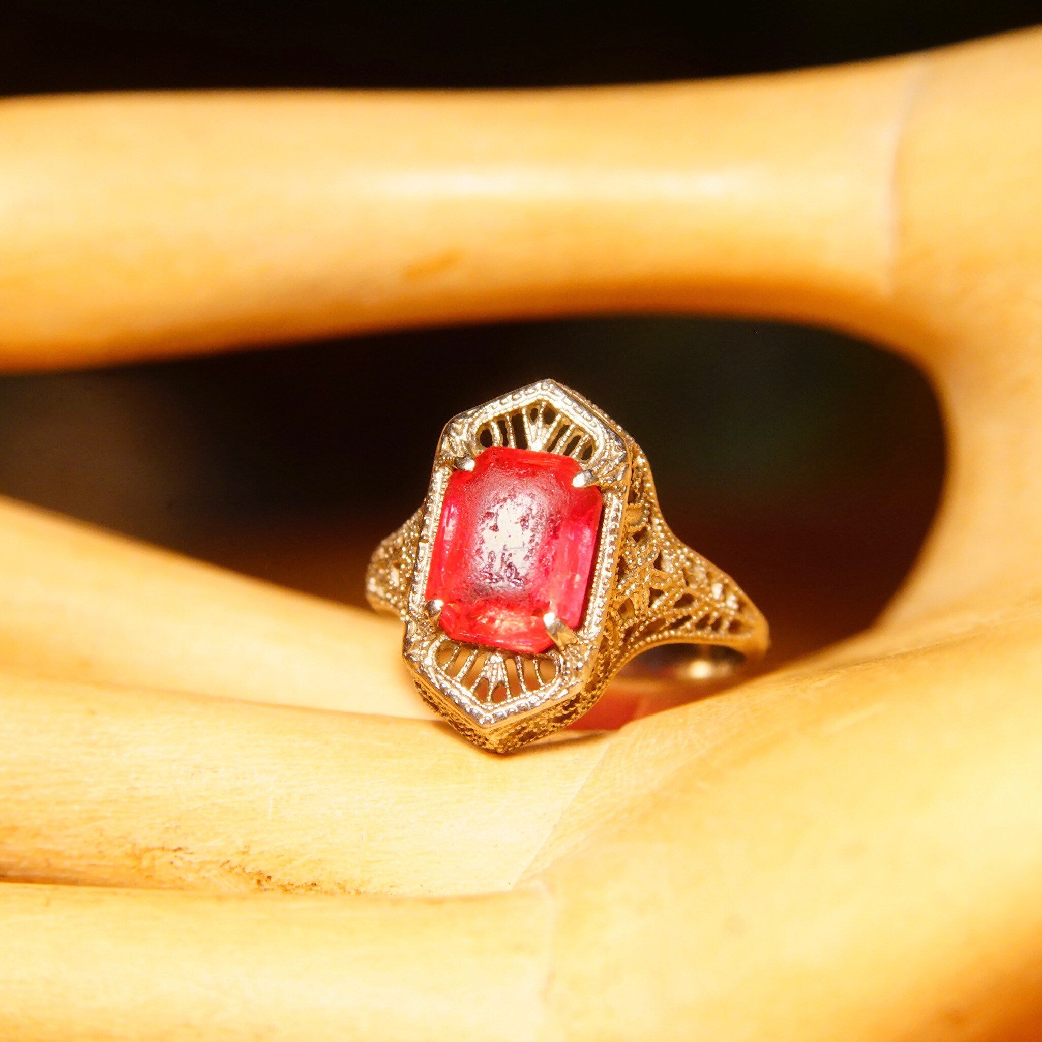 Antique Edwardian 10K White Gold Filigree Pink Gemstone Ring,Hallmarked A&S 10K, Emerald Cut Stone, Worn Condition, Size 5 1/2 US