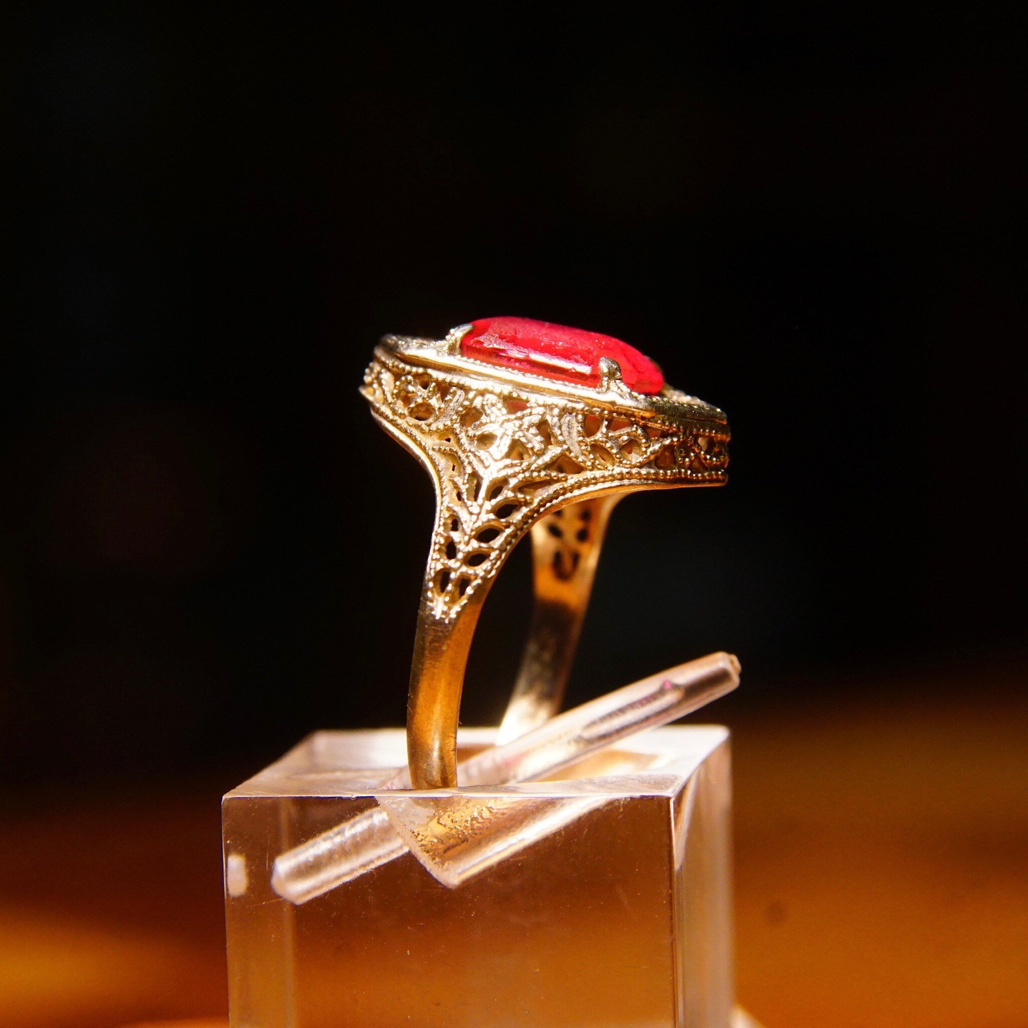 Antique Edwardian 10K White Gold Filigree Pink Gemstone Ring,Hallmarked A&S 10K, Emerald Cut Stone, Worn Condition, Size 5 1/2 US