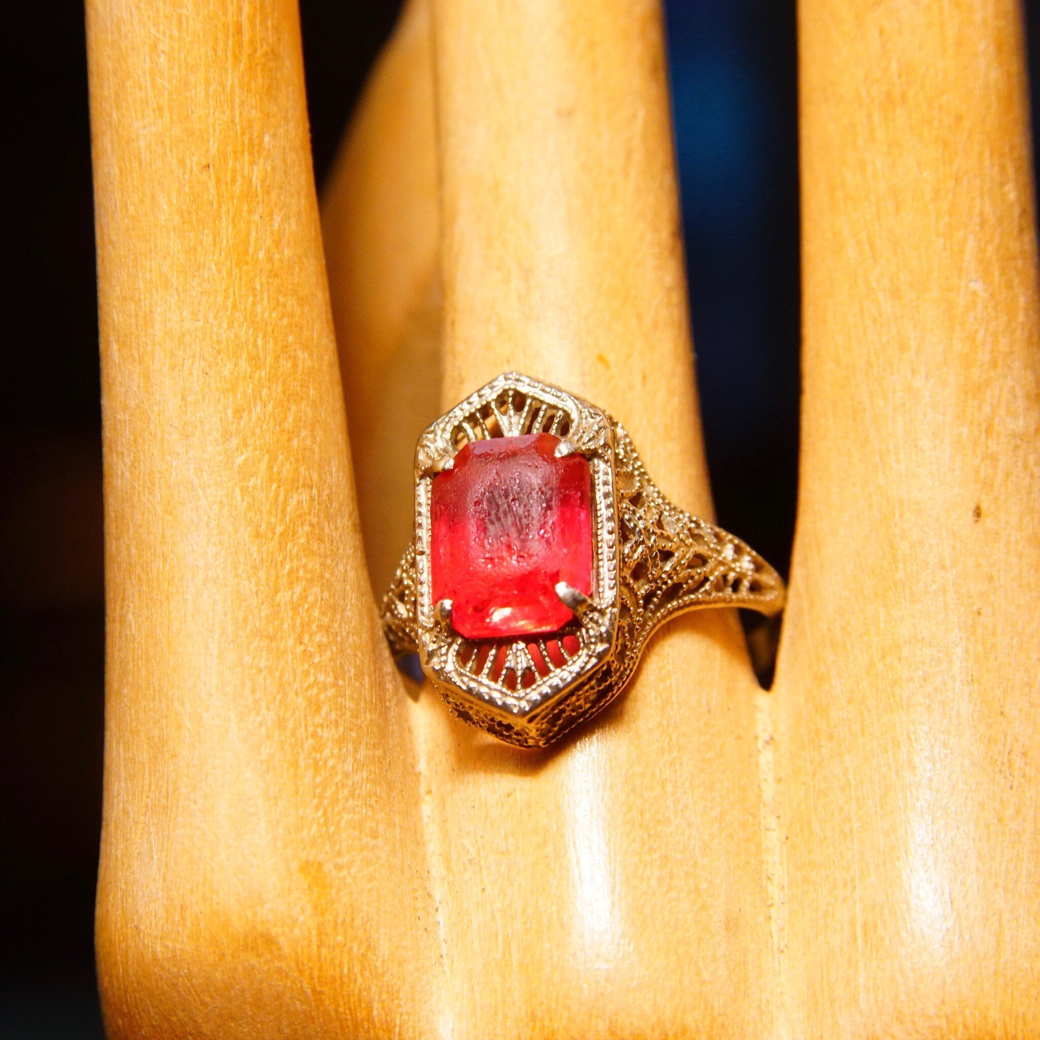 Antique Edwardian 10K White Gold Filigree Pink Gemstone Ring,Hallmarked A&S 10K, Emerald Cut Stone, Worn Condition, Size 5 1/2 US