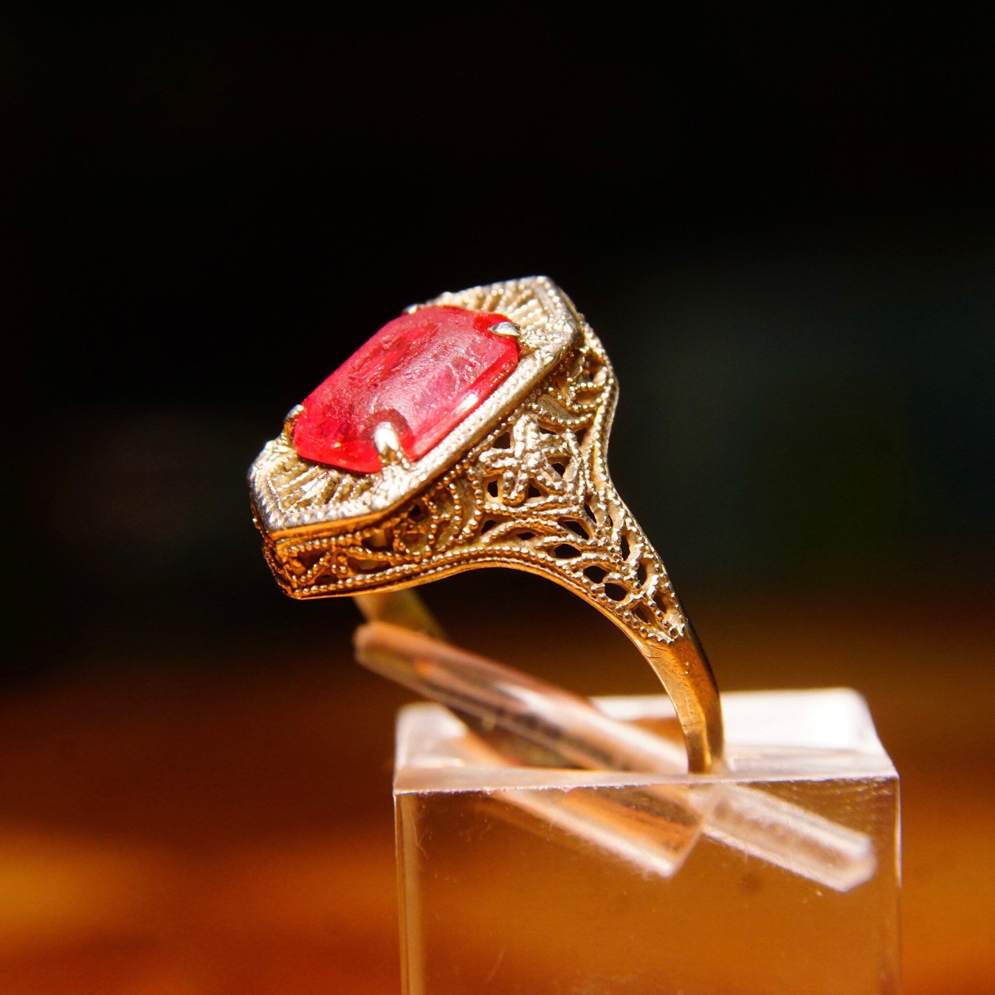 Antique Edwardian 10K White Gold Filigree Pink Gemstone Ring,Hallmarked A&S 10K, Emerald Cut Stone, Worn Condition, Size 5 1/2 US