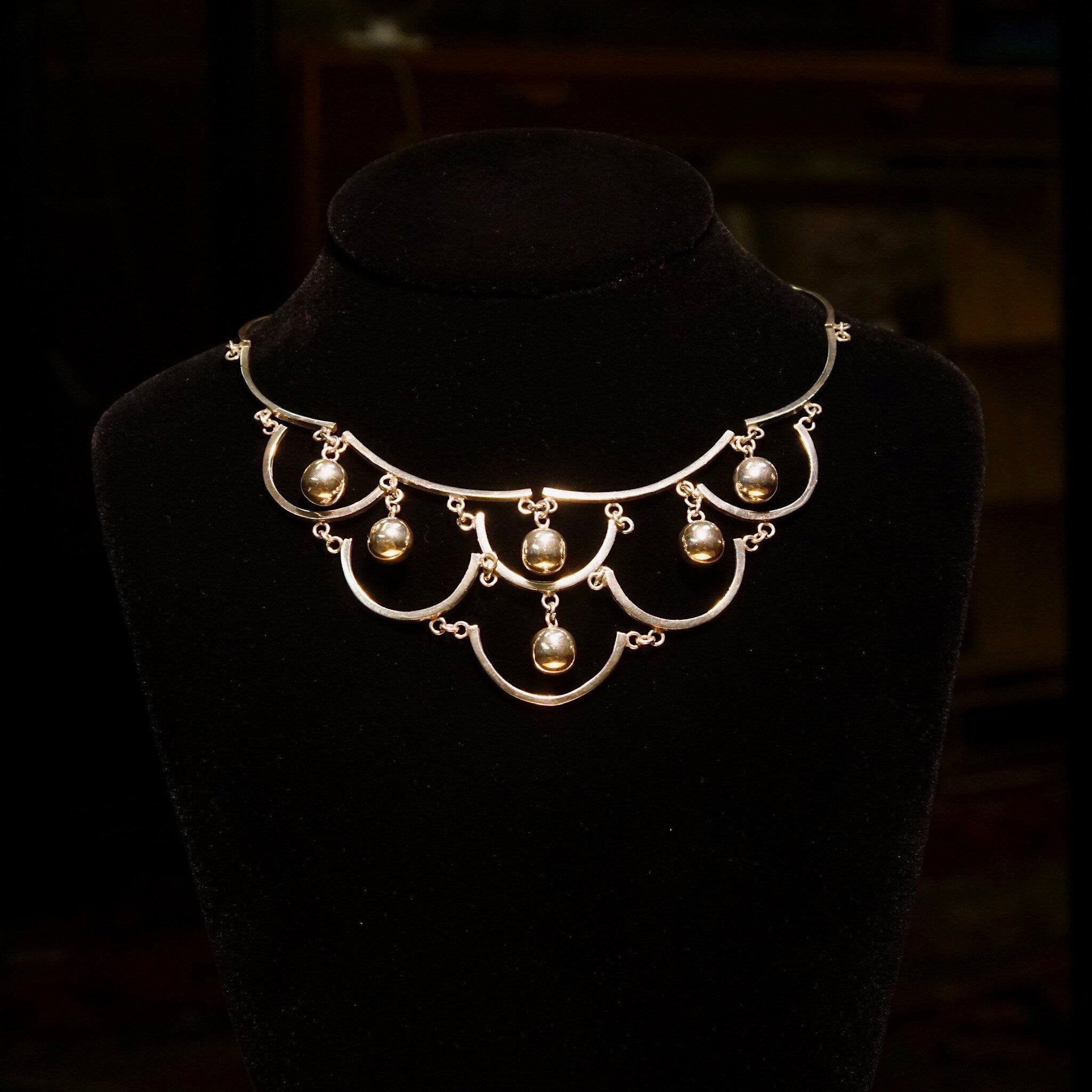 Vintage TAXCO Sterling Silver Festoon Necklace, Silver Bead Scallop Bib Necklace, Mexico 925 TH-43, Modernist Jewelry, 16 3/4" L