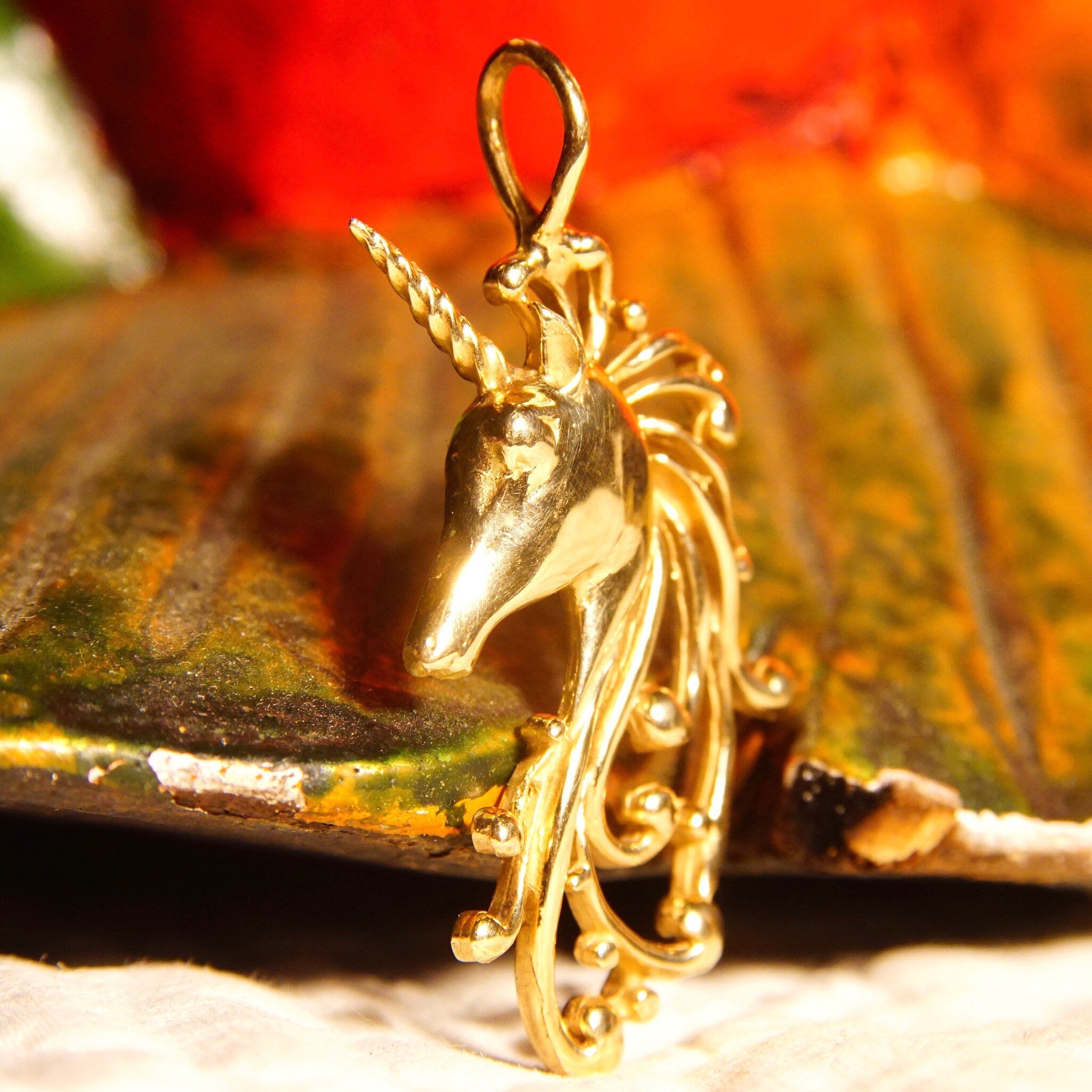 Vintage 14k Yellow Gold Unicorn Pendant, Mythological Creature, Unicorn Figurehead, Cute 585 Jewelry, 1 5/8" L