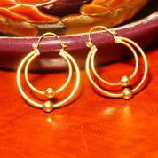 Vintage 14K Gold Concentric Hoop Earrings, Yellow Gold Orbiter Hoops, Gold Bead Accents, Modernist 585 Earrings, 1 1/4 L