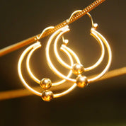 Vintage 14K Gold Concentric Hoop Earrings, Yellow Gold Orbiter Hoops, Gold Bead Accents, Modernist 585 Earrings, 1 1/4 L
