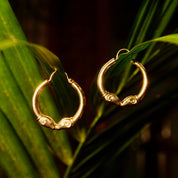 Vintage 14K Gold Kissing Rams Hoop Earrings, Hollow Yellow Gold Hoops, Double Rams Head Embellishment, Etruscan Style, 1 1/8" L
