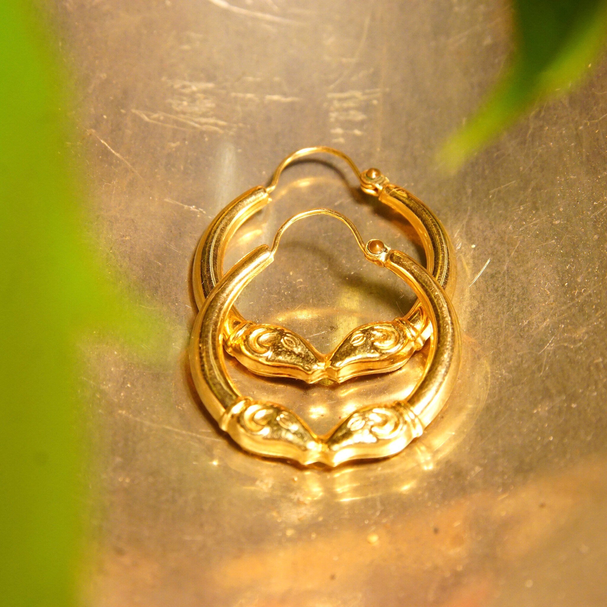 Vintage 14K Gold Kissing Rams Hoop Earrings, Hollow Yellow Gold Hoops, Double Rams Head Embellishment, Etruscan Style, 1 1/8" L