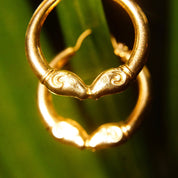 Vintage 14K Gold Kissing Rams Hoop Earrings, Hollow Yellow Gold Hoops, Double Rams Head Embellishment, Etruscan Style, 1 1/8" L