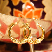 Vintage 14K Gold Kissing Rams Hoop Earrings, Hollow Yellow Gold Hoops, Double Rams Head Embellishment, Etruscan Style, 1 1/8" L