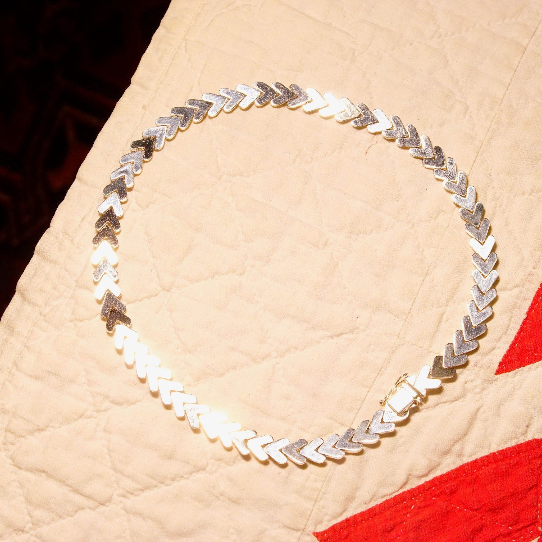 Italian Sterling Silver Puffed V-Link Necklace, 10mm Thick Foxtail Chain, Interlocking Heart-Shaped Links, .925 Italy, 16 3/4" L
