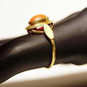 Vintage 14K Yellow Gold Coral Cabochon Ring, Embellished Bezel Setting, Orange/Red Coral, Bohemian Style, Elegant 585 Ring,  Size 6 1/4 US
