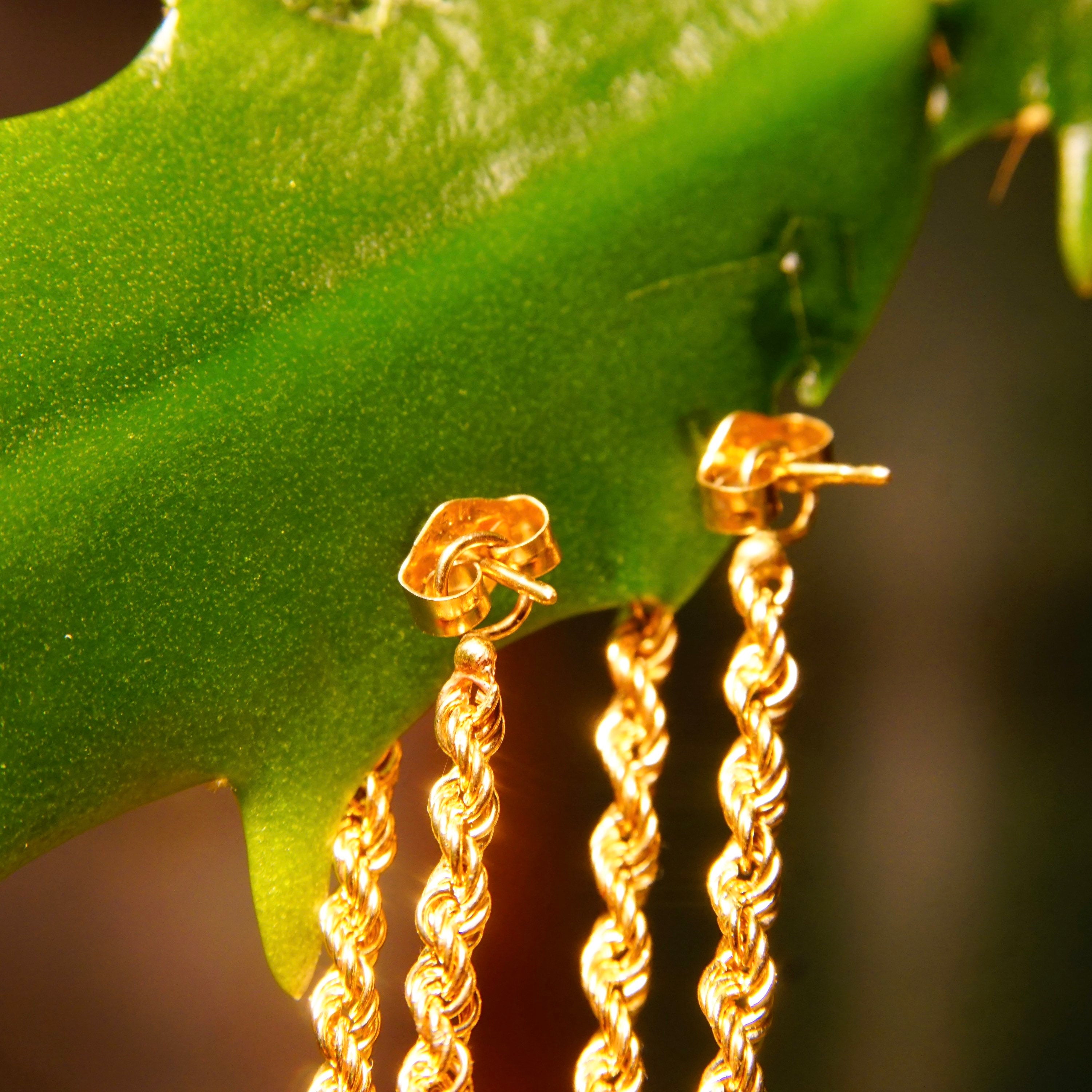 Vintage 14K Yellow Gold Rope Chain Dangle Earrings, Loose Gold Chain Hoops, Attached Push Back, Pierced Dangle Earrings, 1 1/4" L