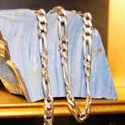Vintage Italian Sterling Silver Figaro Chain Necklace, Solid 925 Chain, 7mm Bevel Edge Figaro Link Chain, Heavy Silver Chain, 20 1/4" L