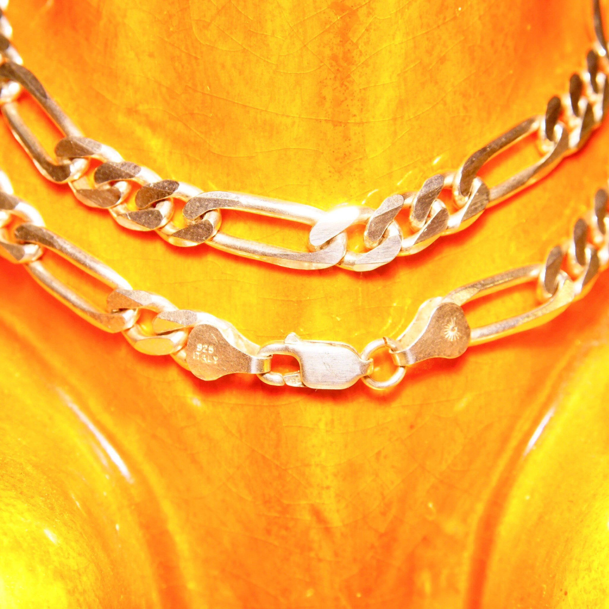 Vintage Italian Sterling Silver Figaro Chain Necklace, Solid 925 Chain, 7mm Bevel Edge Figaro Link Chain, Heavy Silver Chain, 20 1/4" L