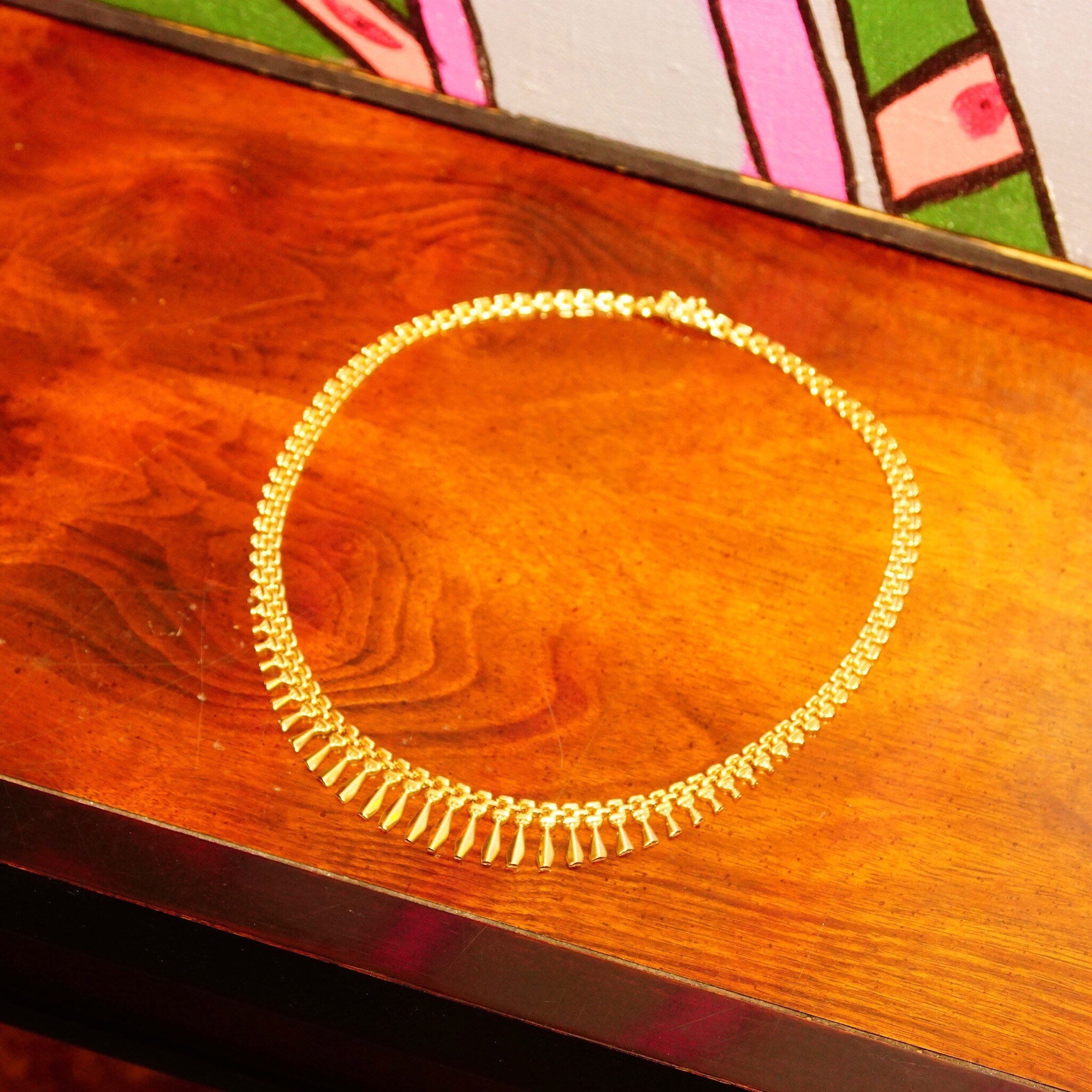 Vintage Italian Modernist 14K Yellow Gold Fringe Collar Necklace, Panther Links W/ Gold Coffin Fringe, Articulated Choker, Bohemian, 17" L