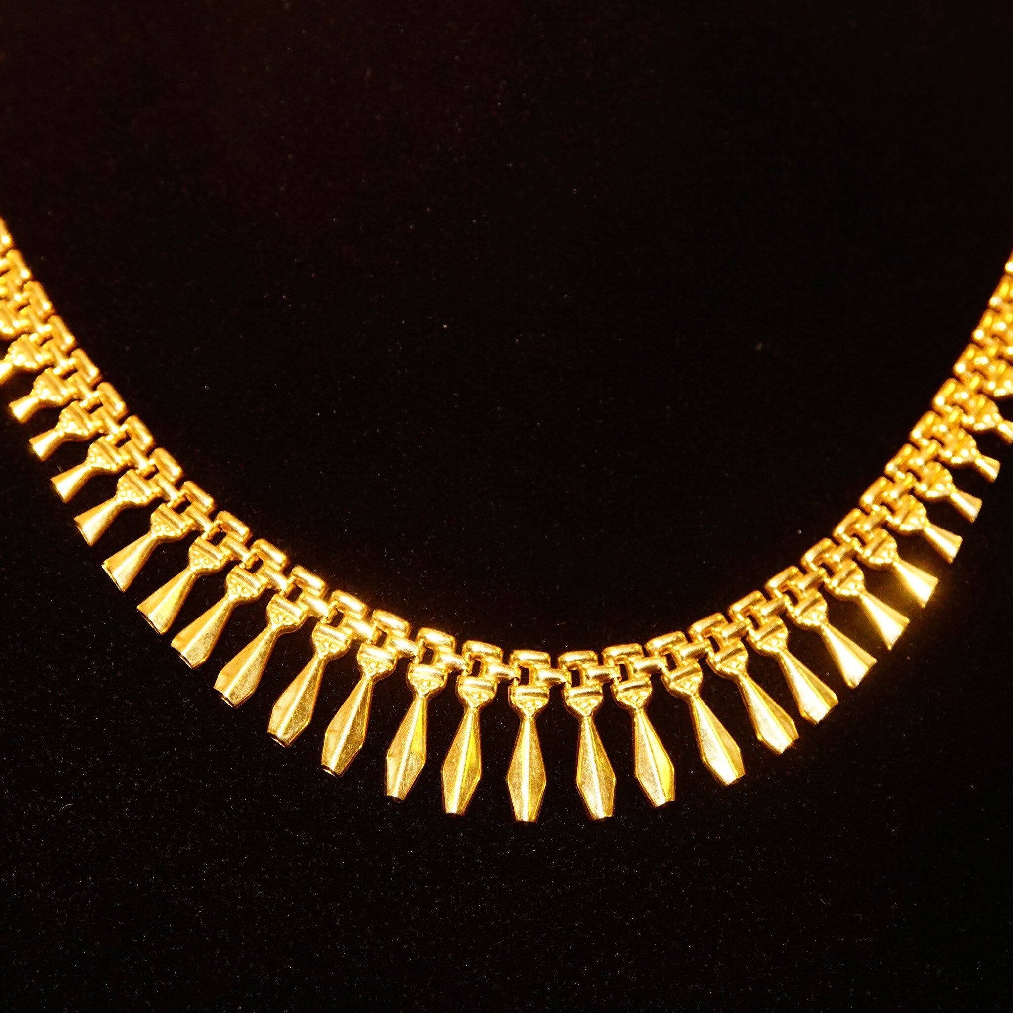 Vintage Italian Modernist 14K Yellow Gold Fringe Collar Necklace, Panther Links W/ Gold Coffin Fringe, Articulated Choker, Bohemian, 17" L