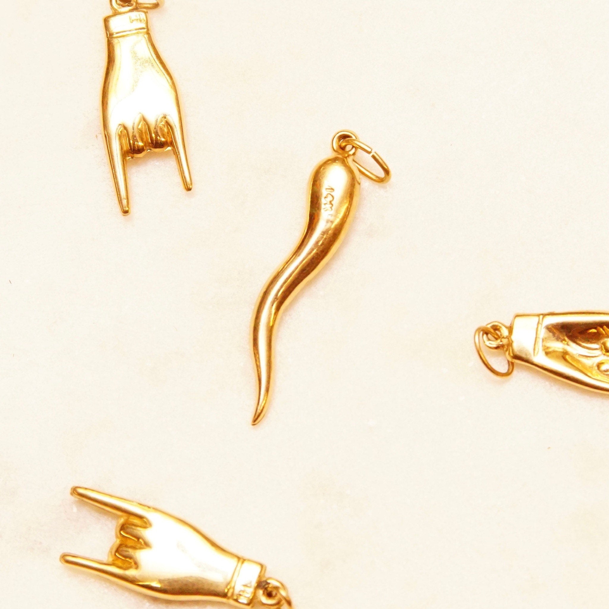 Vintage 14K Yellow Gold Italian Good Luck Charms, 1" Maloik Charm, 1 3/8" Italian Horn, Talisman, Small Puffed Gold Pendants/Charms