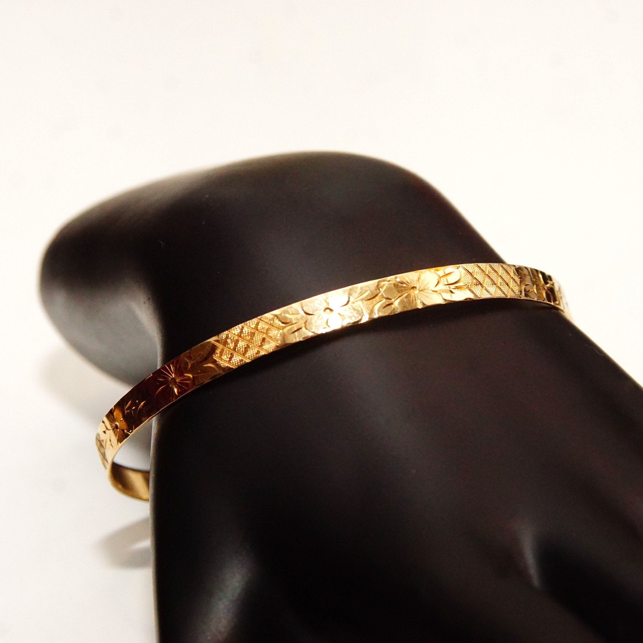 14K Flower Bangle Bracelet, Diamond-Cut Designs & Floral Motifs, Solid Yellow Gold Bangle, 5mm Wide, Stacking Bracelet