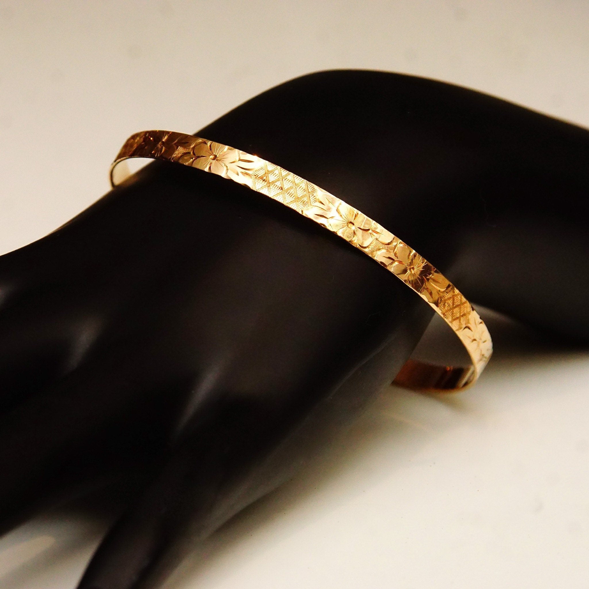 14K Flower Bangle Bracelet, Diamond-Cut Designs & Floral Motifs, Solid Yellow Gold Bangle, 5mm Wide, Stacking Bracelet