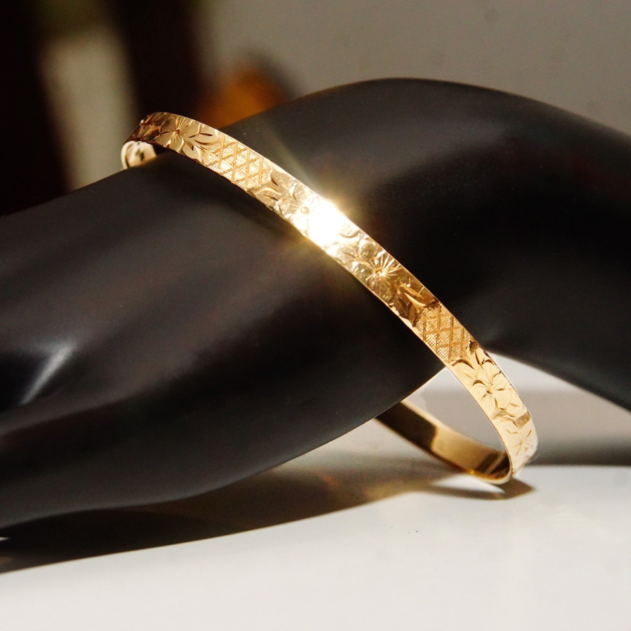 14K Flower Bangle Bracelet, Diamond-Cut Designs & Floral Motifs, Solid Yellow Gold Bangle, 5mm Wide, Stacking Bracelet