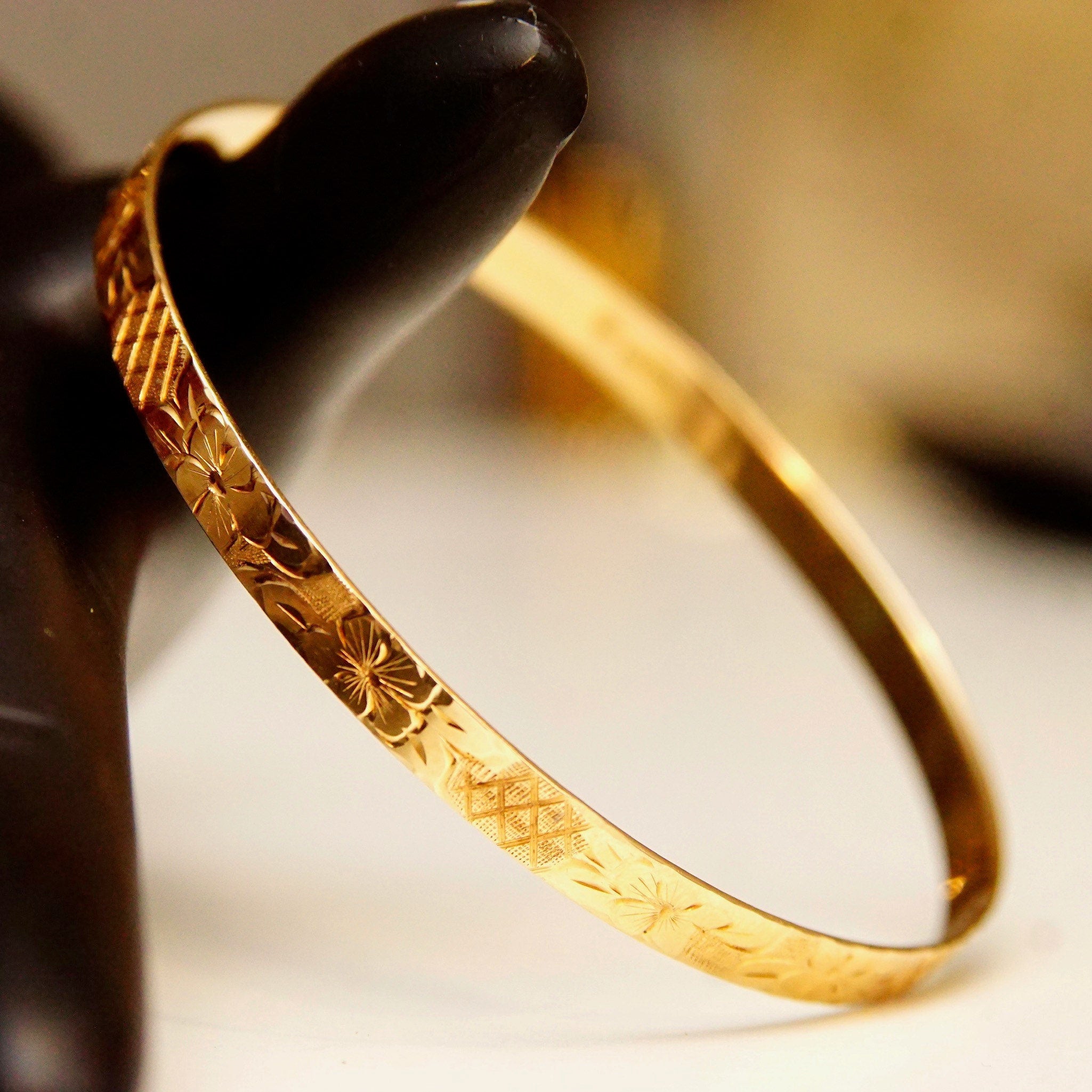 14K Flower Bangle Bracelet, Diamond-Cut Designs & Floral Motifs, Solid Yellow Gold Bangle, 5mm Wide, Stacking Bracelet