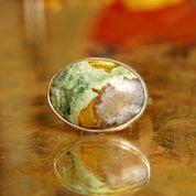 Vintage Modernist Sterling Silver Green Agate QuartzRing, Gemstone Cabochon Ring, Industrial Silver Band, Wide Silver Ring, Size 5 1/2 US