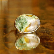 Vintage Modernist Sterling Silver Green Agate QuartzRing, Gemstone Cabochon Ring, Industrial Silver Band, Wide Silver Ring, Size 5 1/2 US