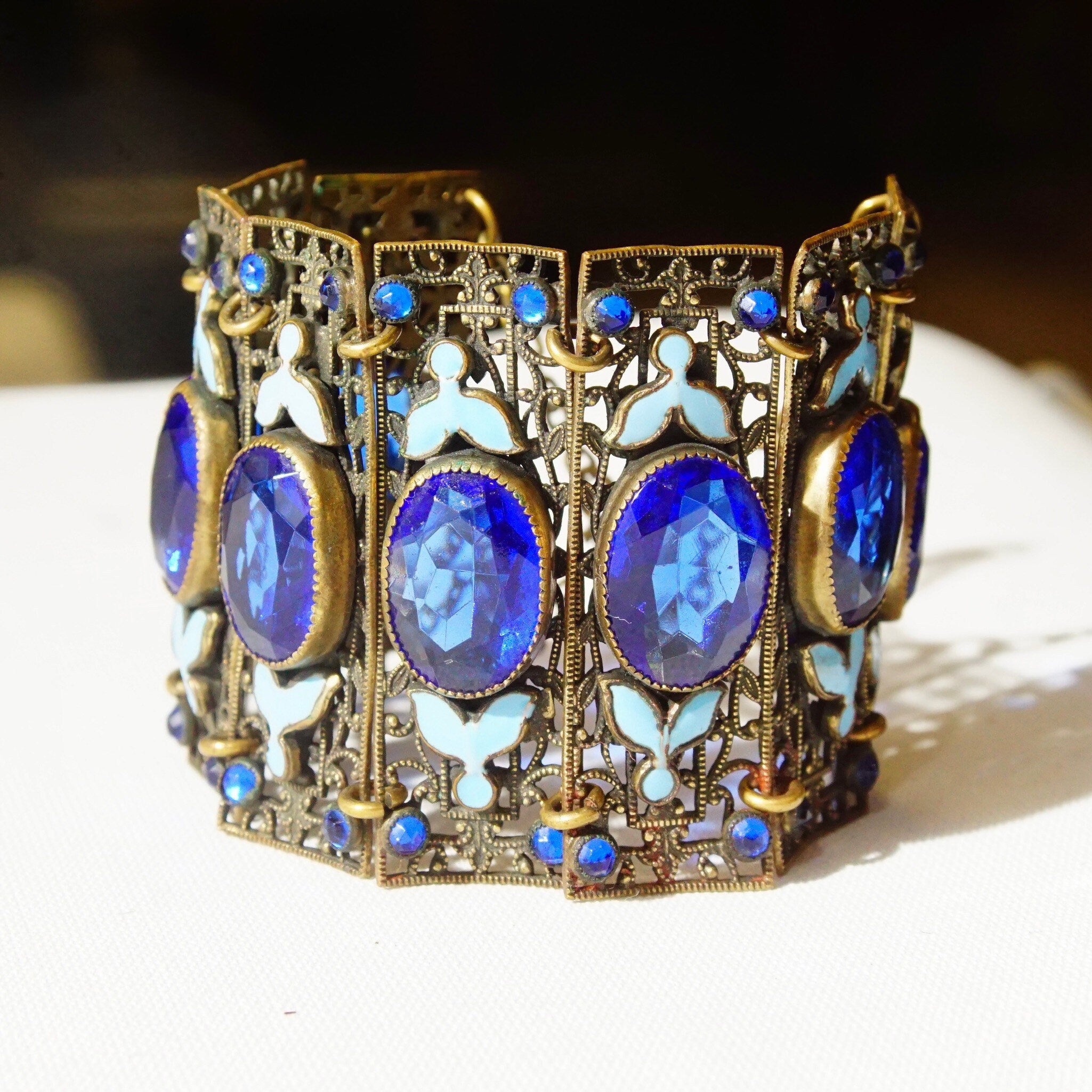 Victorian Czech Enamel Filigree Blue Glass Closed Cuff Bracelet, Blue Rhinestone Accents, Floral Details, Wide Panel Cuff, 7 3/4" L