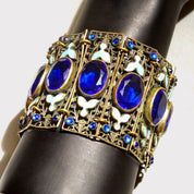 Victorian Czech Enamel Filigree Blue Glass Closed Cuff Bracelet, Blue Rhinestone Accents, Floral Details, Wide Panel Cuff, 7 3/4" L