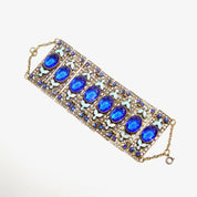 Victorian Czech Enamel Filigree Blue Glass Closed Cuff Bracelet, Blue Rhinestone Accents, Floral Details, Wide Panel Cuff, 7 3/4" L