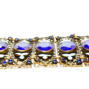 Victorian Czech Enamel Filigree Blue Glass Closed Cuff Bracelet, Blue Rhinestone Accents, Floral Details, Wide Panel Cuff, 7 3/4" L