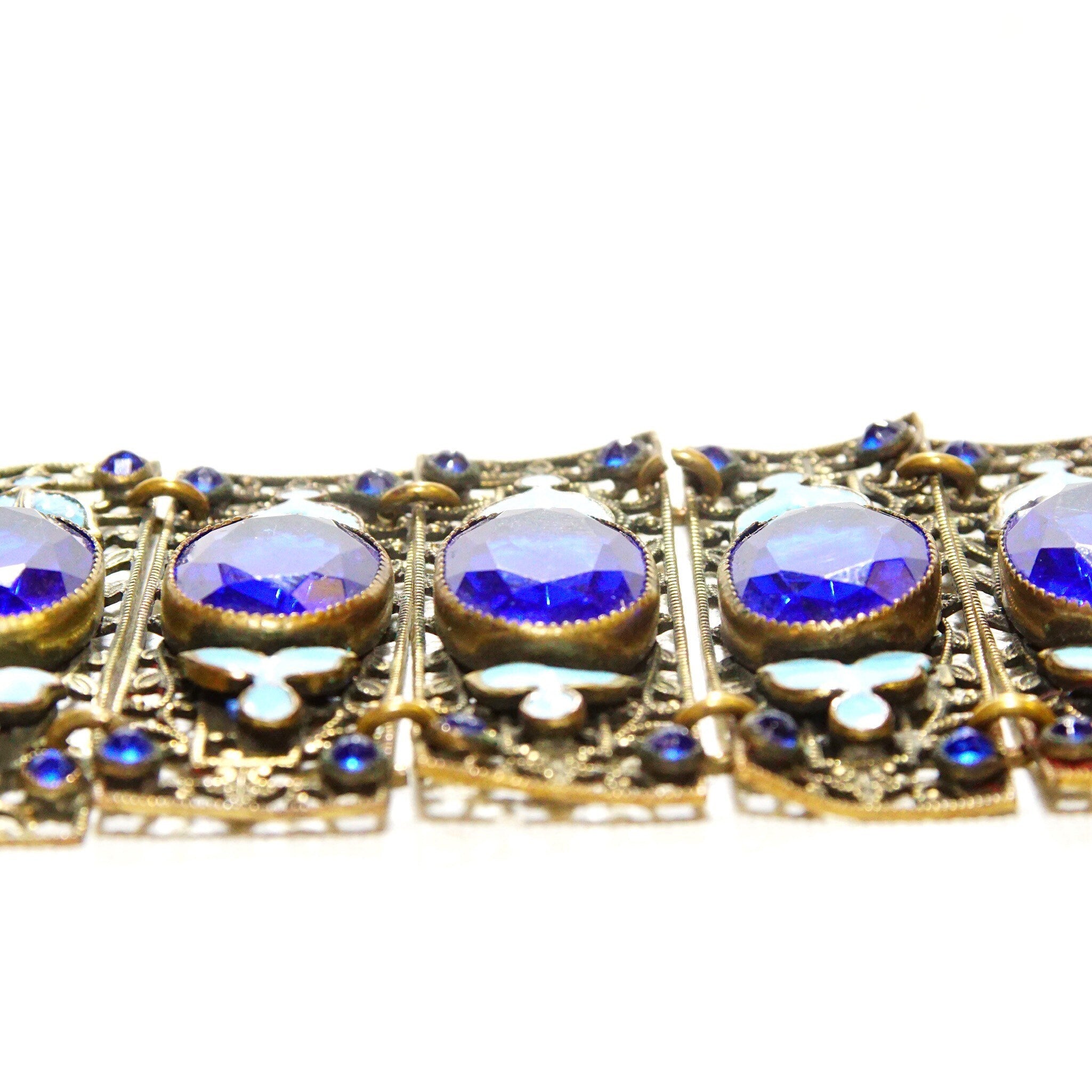 Victorian Czech Enamel Filigree Blue Glass Closed Cuff Bracelet, Blue Rhinestone Accents, Floral Details, Wide Panel Cuff, 7 3/4" L
