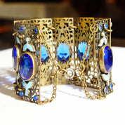 Victorian Czech Enamel Filigree Blue Glass Closed Cuff Bracelet, Blue Rhinestone Accents, Floral Details, Wide Panel Cuff, 7 3/4" L