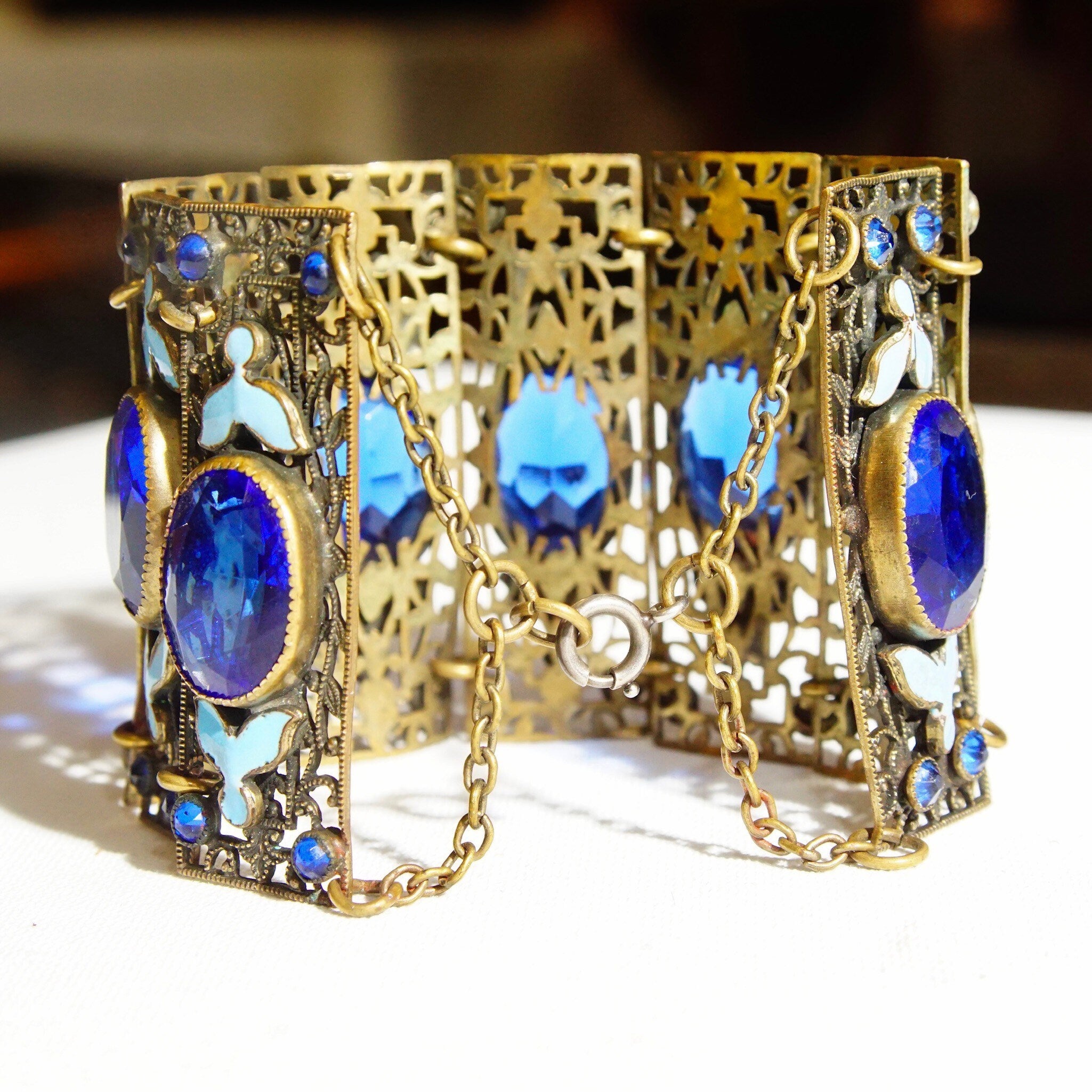 Victorian Czech Enamel Filigree Blue Glass Closed Cuff Bracelet, Blue Rhinestone Accents, Floral Details, Wide Panel Cuff, 7 3/4" L