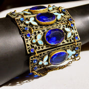 Victorian Czech Enamel Filigree Blue Glass Closed Cuff Bracelet, Blue Rhinestone Accents, Floral Details, Wide Panel Cuff, 7 3/4" L