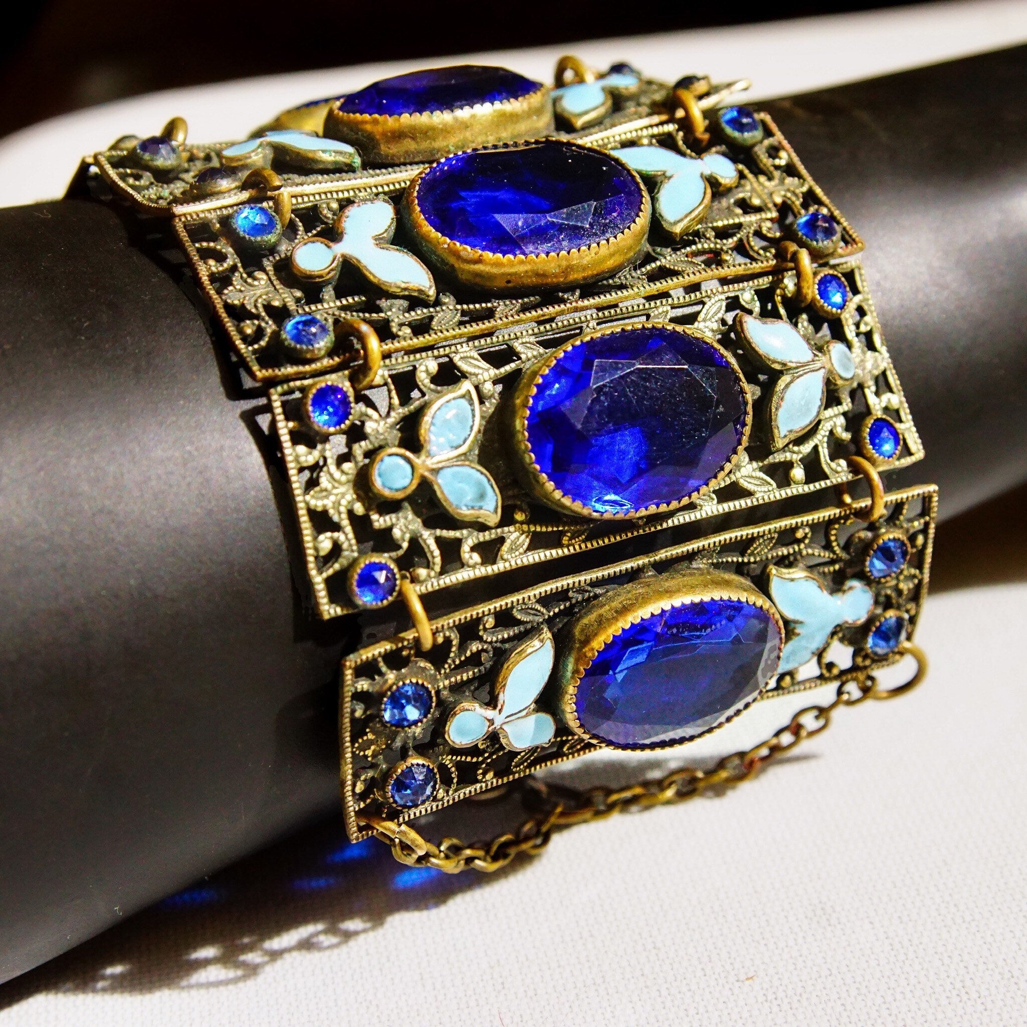 Victorian Czech Enamel Filigree Blue Glass Closed Cuff Bracelet, Blue Rhinestone Accents, Floral Details, Wide Panel Cuff, 7 3/4" L