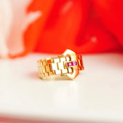 Vintage 14K Yellow Gold Ruby Accent Belt Ring, 6mm Articulated Gold Link Ring Band, Jeweled Belt Buckle, Emerald Cut Stones, Size 6 3/4 US