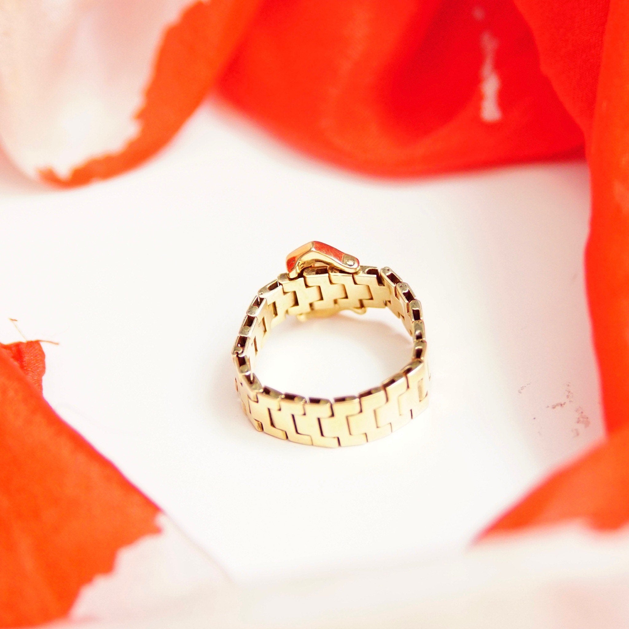 Vintage 14K Yellow Gold Ruby Accent Belt Ring, 6mm Articulated Gold Link Ring Band, Jeweled Belt Buckle, Emerald Cut Stones, Size 6 3/4 US