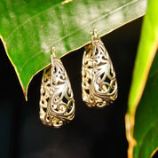Vintage Sterling Silver Filigree Oval Hoop Earrings, Pierced Basket Hoop Earrings, Art Nouveau Vine/Scroll Designs, 925 Earrings, 1 3/8" L